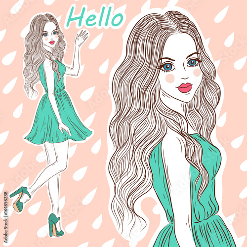 Young, beautiful, cute girl in little green dress with long hair, pink lips and heels. stylized hand drawn Vector fashion illustration.fashion stylish pretty woman