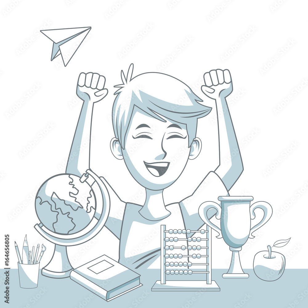 white background with color silhouette shading of boy student happiness expression and school elements white background with color silhouette shading of boy student happiness expression and school elements