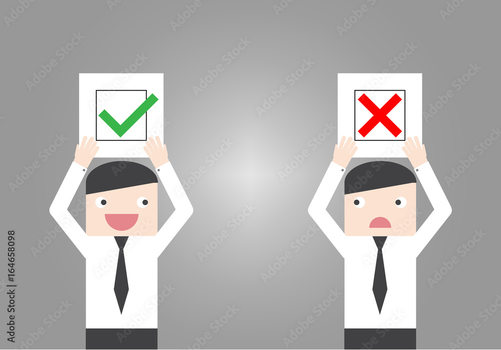 businessman hold up check and cross mark paper. Accept and Deny sign in check box. show the right and wrong answer. career opportunity. Concept of decision making process.