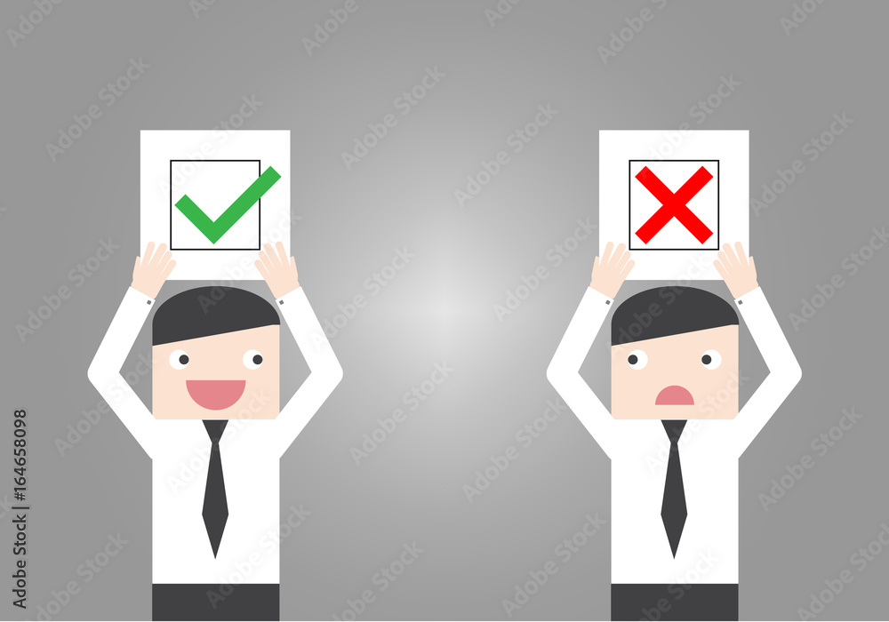businessman hold up check and cross mark paper. Accept and Deny sign in check box. show the right and wrong answer. career opportunity. Concept of decision making process. businessman hold up check and cross mark paper. Accept and Deny sign in check box. show the right and wrong answer. career opportunity. Concept of decision making process.