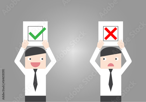 businessman hold up check and cross mark paper. Accept and Deny sign in check box. show the right and wrong answer. career opportunity. Concept of decision making process.