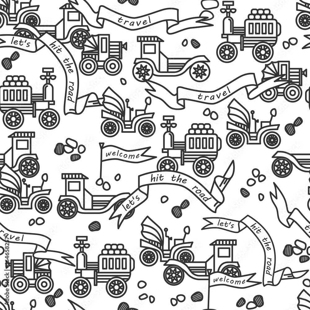 Pattern with retro cars, stones flags and text. Seamless background. Vector illustration. Pattern with retro cars, stones flags and text. Seamless background. Vector illustration.