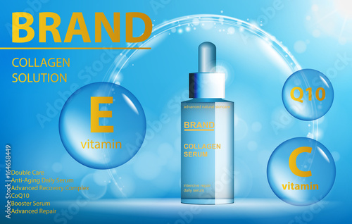 Facial Treatment Essence Skin Care Cosmetic contained. Blue translucent glass bottle template. Design cosmetics product for advertising with white rings on watery background. 3d Vector illustration.