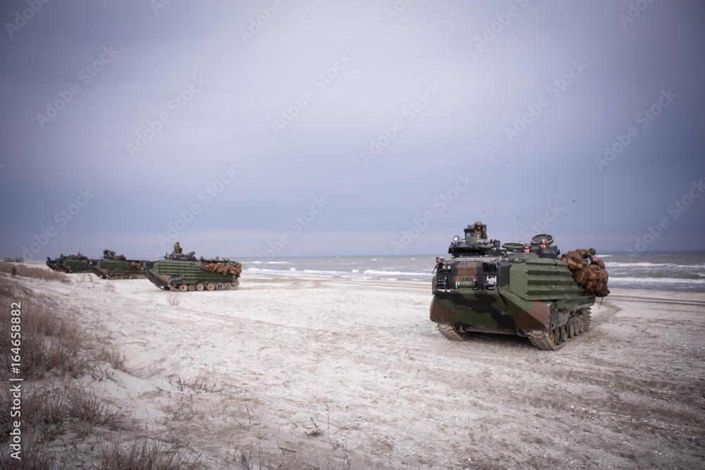 US Navy amphibious personnel carriers take part at a NATO military exercise, on 18 March 2017, in Capu Midia, Romania. US Navy amphibious personnel carriers take part at a NATO military exercise, on 18 March 2017, in Capu Midia, Romania.