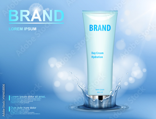 Cosmetic moisturizing brand product. Container with cream on blue background with water splash and soft bokeh. Realistic Cosmetic tube vector illustration