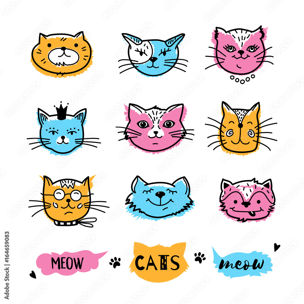 Cats faces, cat doodle. Hand drawn cats icons collection, Cartoon comic cute kittens, Vector illustration