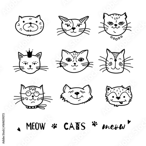 Fototapeta Naklejka Na Ścianę i Meble -  Cat doodle, Hand drawn cats icons collection. Cartoon comic cute kittens Vector illustration
