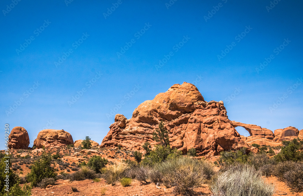 Tourist attraction of the USA. Arches National Park. Moab Desert Landscape