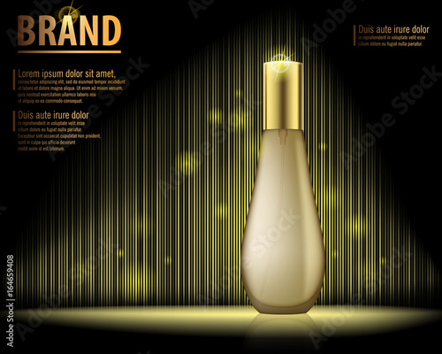 Design cosmetics product advertising on dark background with blure, sparkling effect. Essence contained, ads, gold glass bottle template. 3d Vector illustration for cream, essence, perfume, lotion.
