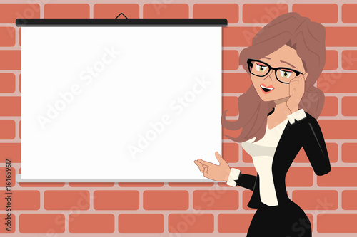 Employee women shows enthusiasm for new job opportunity in white poster to fill out. job vacancy. Office meeting. brick wall.