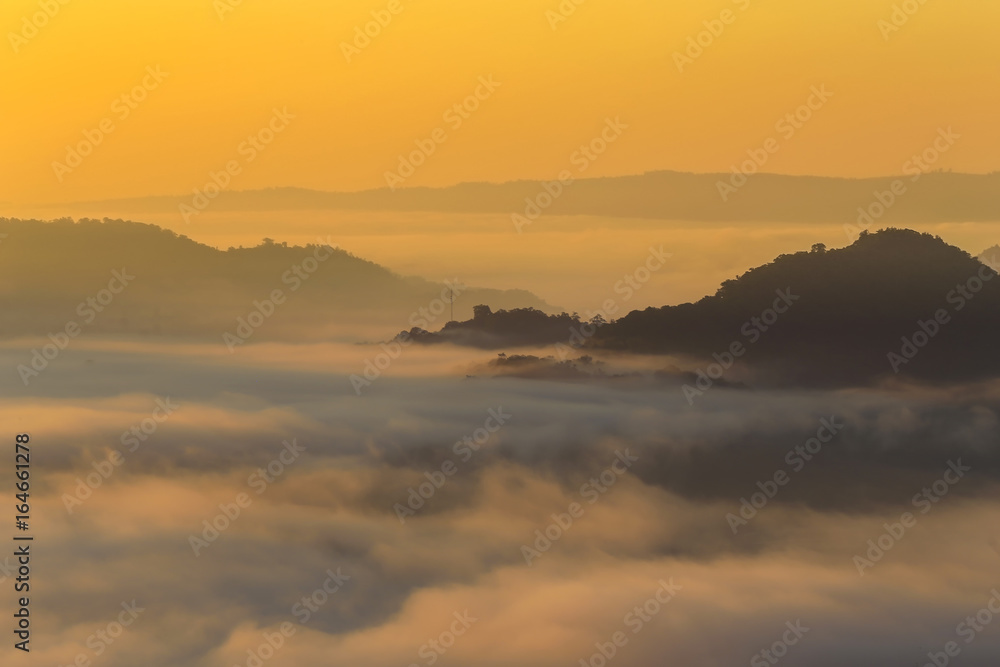 Fog on the Mekong River in Thailand in the morning, soft focus and background blur.