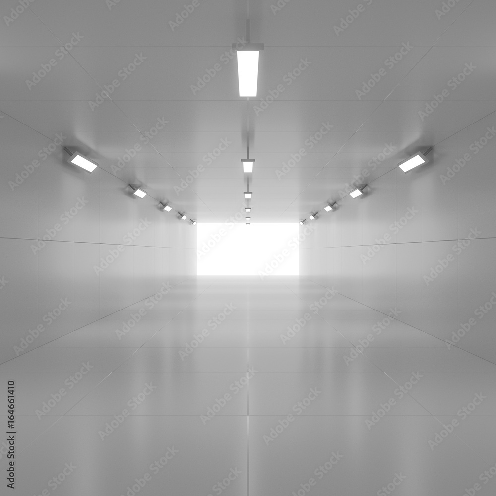 Abstract empty shining tunnel with light in the end. 3D Illustration.