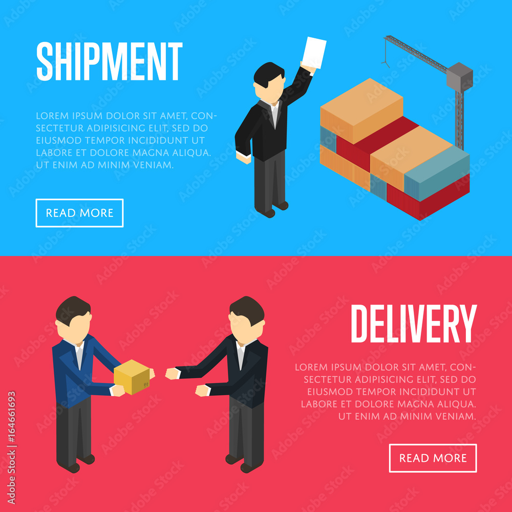 Delivery and shipment isometric isolated vector illustration. Cooperating delivery managers, cargo crane loading container. Freight delivery and distribution, logistics management, teamwork concept