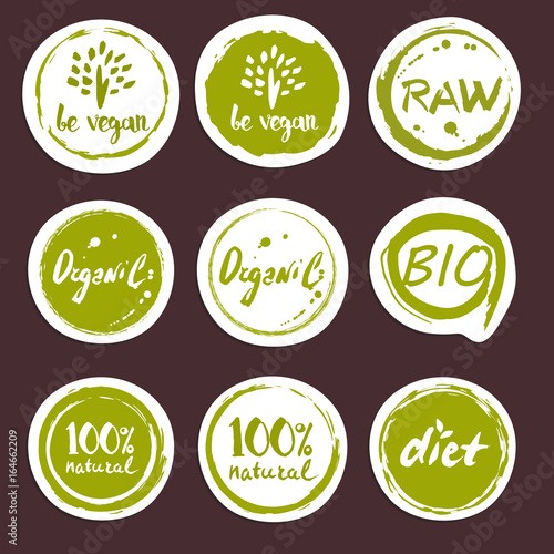 Organic food round hand drawn labels set vector illustration. Vegetarian, gmo free, fresh and natural, vegan, raw food, healthy lifestyle, farm market, organic products, bio and eco nutrition concept