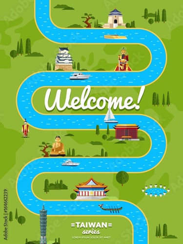 Welcome to Taiwan poster with famous attractions along winding river vector illustration. Travel design with asian statue, ancient temple and monument. Worldwide traveling, time to travel concept