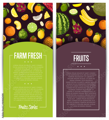 Farm fresh fruit flyers vector illustration. Natural product, juicy fruit, vegetarian delicious nutrition, organic healthy food. Pear, melon, avocado, banana, peach, lemon, watermelon, watermelon