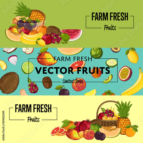 Farm fresh fruit flyers vector illustration. Natural sweet product, juicy fruit advertising, vegetarian nutrition, organic healthy food. Pear, melon, avocado, banana, peach, lemon, watermelon, plum