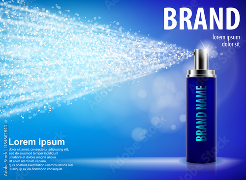 Blue spray bottle isolated on blue background with drops and soft bokeh for your design. Realistic cosmetic premium ads, facial treatment sprayer. Perfume or deodorant container 3d vector