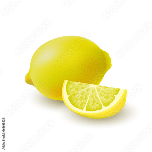 Isolated colored lemons, slice and whole juicy fruit with shadow on white background. Realistic group of citrus.
