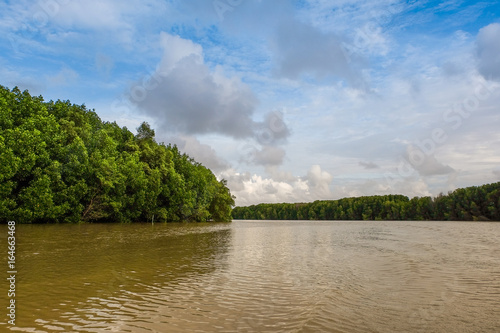 Rural river landscape summer river with bright sky and cloud