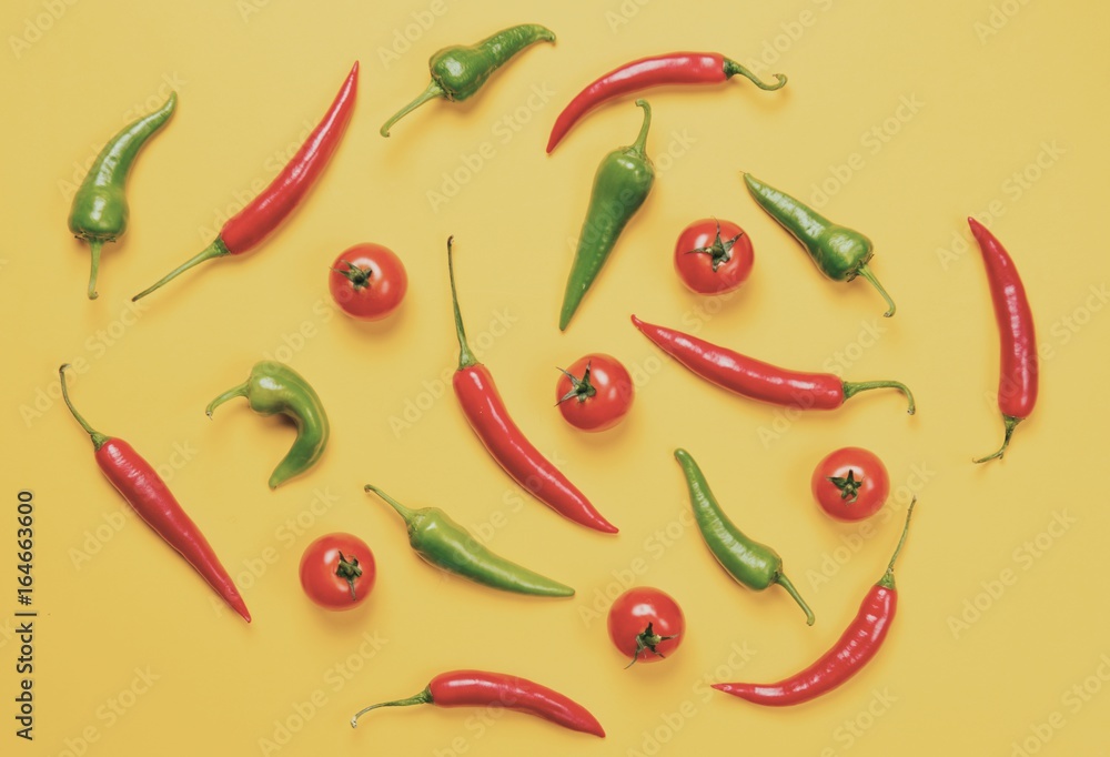 Above view at Chili pepper and tomatoes Above view at Chili pepper and tomatoes