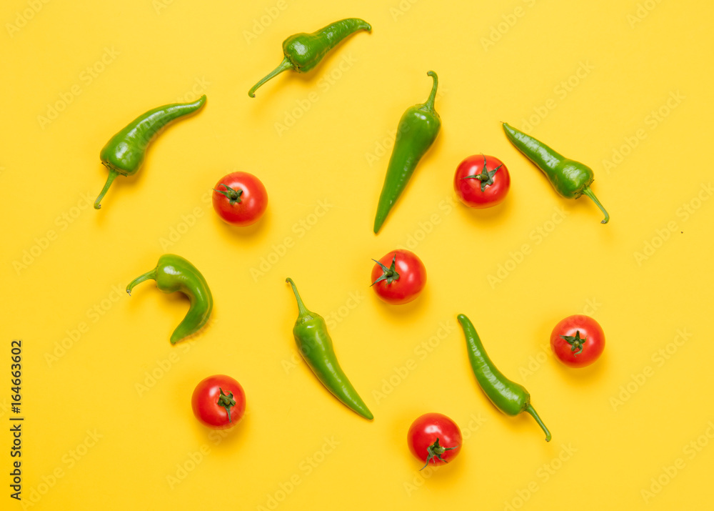 Above view at Chili pepper and tomatoes Above view at Chili pepper and tomatoes