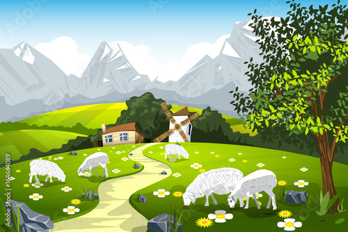 Nature landscape pasture with sheep milk farm vector illustration