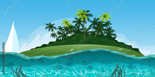 Summer seascape with island palms and ocean vector illustration