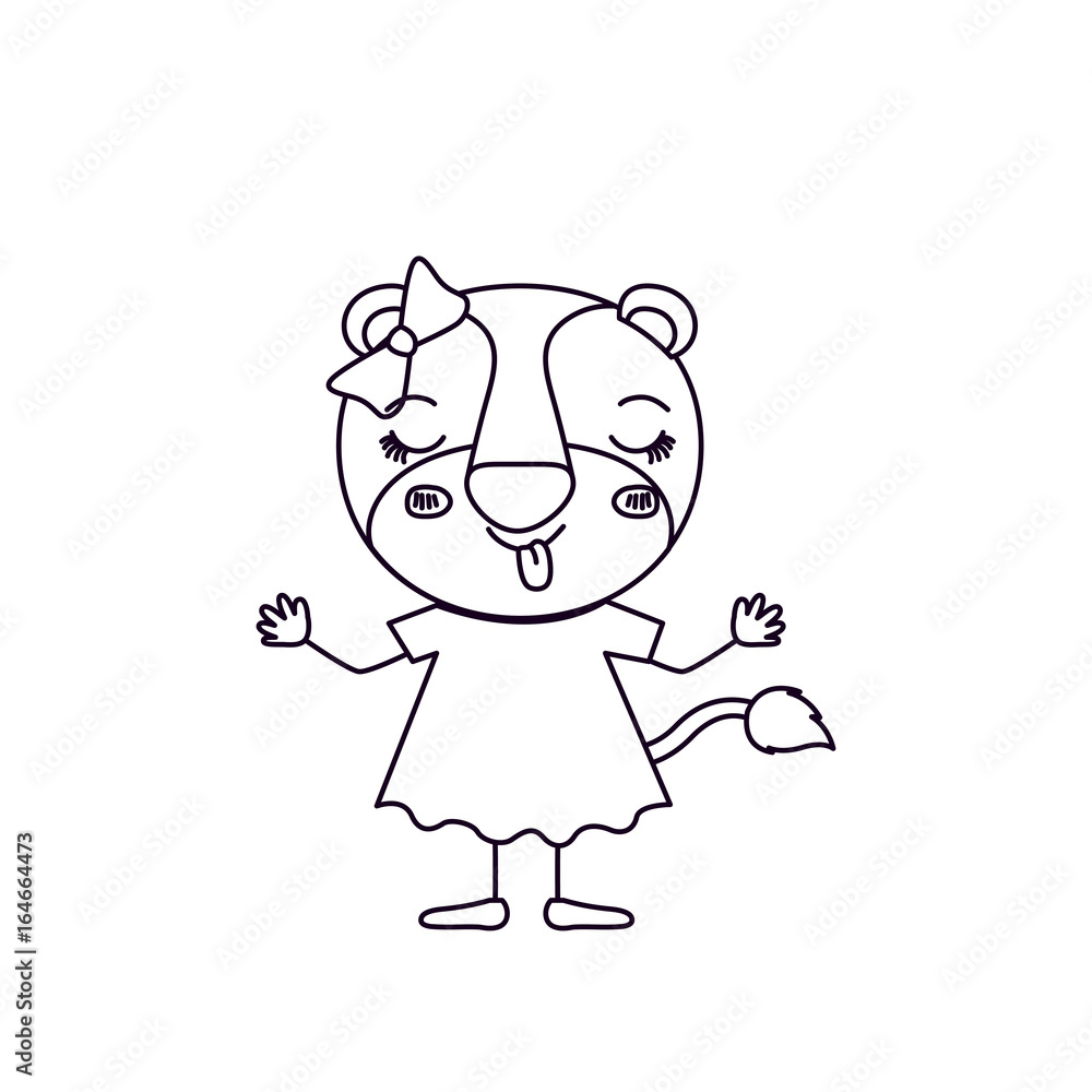 sketch silhouette caricature of female lioness in dress with bow lace and happiness expression vector illustration sketch silhouette caricature of female lioness in dress with bow lace and happiness expression vector illustration