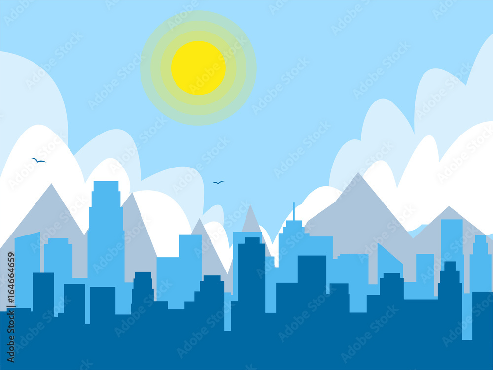 City landscape with nature flat vector illustration