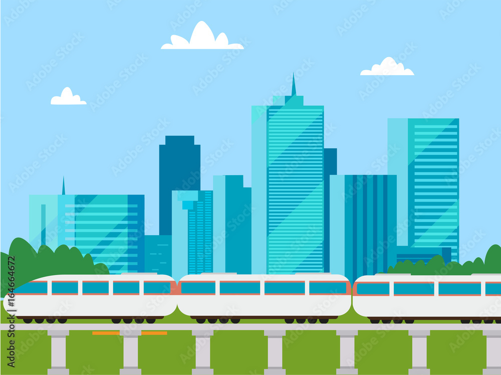 City landscape with train and skyscraper vector illustration flat