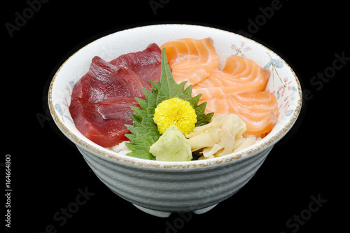 Salmon and Tuna Chirashi sashimi of fresh raw Salmon fish and Tuna fish on rice of Japanese tradition food restaurant with white isolated background