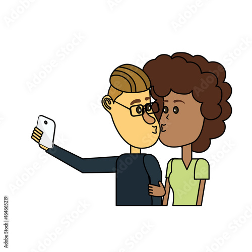 couple kissing and taking selfie with smartphone