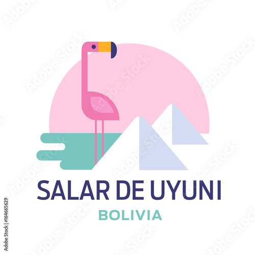Vector illustration of flamingo and salt for Salar de Uyuni sticker or label. Bolivia