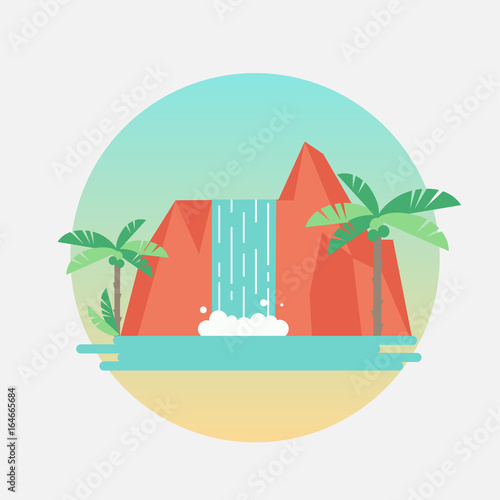 Vector round illustration of tropical waterfall with palm trees. Flat design sticker or label.