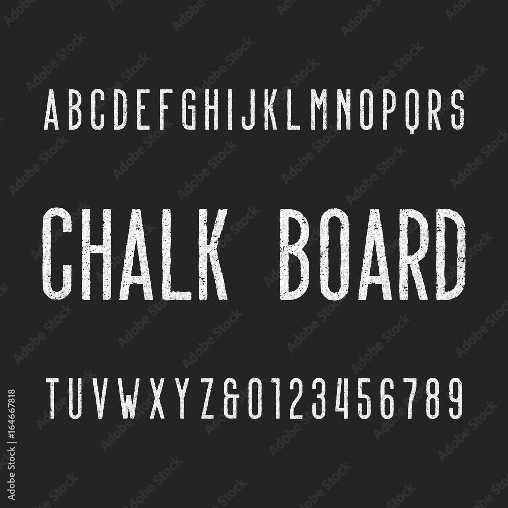 Retro chalk board alphabet font. Letters and numbers on a dark background. Vector typeface for your design.