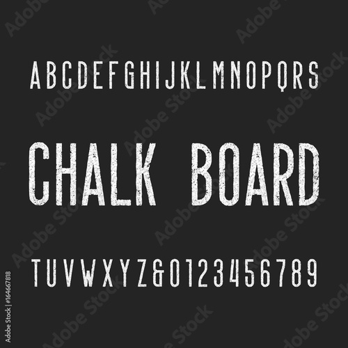 Retro chalk board alphabet font. Letters and numbers on a dark background. Vector typeface for your design.