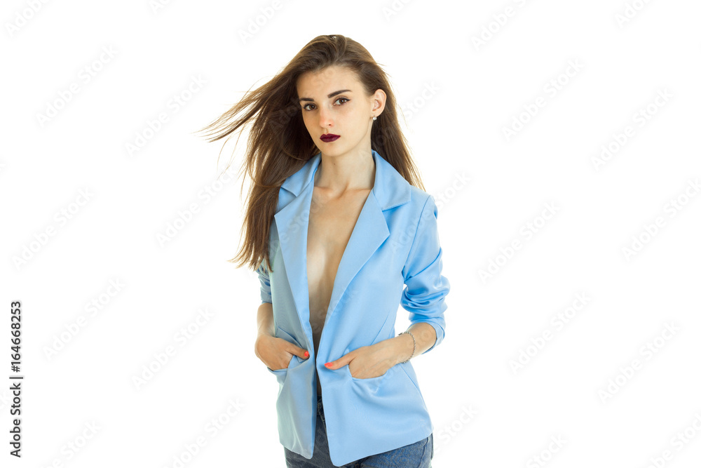 young beautiful business woman in blue jacket without underwear young beautiful business woman in blue jacket without underwear