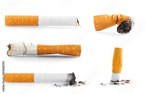 Collage of cigarette butts on white background