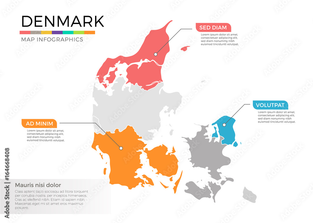 Denmark map infographics vector template with regions and pointer marks