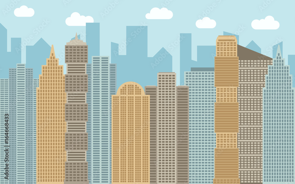 Vector urban landscape illustration. Street view with cityscape, skyscrapers and modern buildings at sunny day. City space in flat style background concept.
Vector urban landscape illustration. Street view with cityscape, skyscrapers and modern buildings at sunny day. City space in flat style background concept.