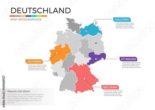 Deutschland map infographics vector template with regions and pointer marks
