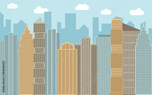Vector urban landscape illustration. Street view with cityscape  skyscrapers and modern buildings at sunny day. City space in flat style background concept.  