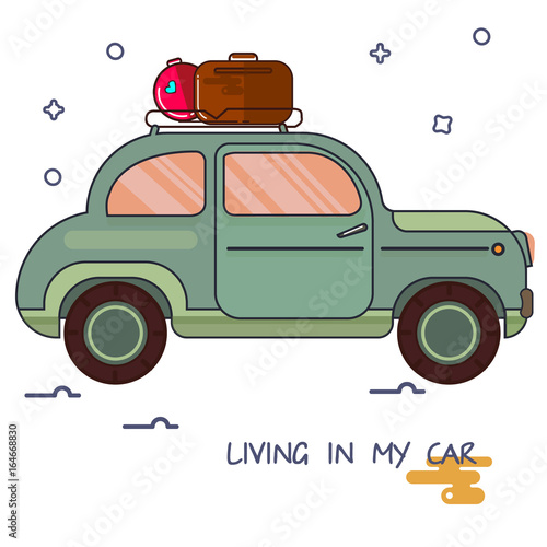 An image of a car in cartoon style. By car, go on a trip. Vector Image