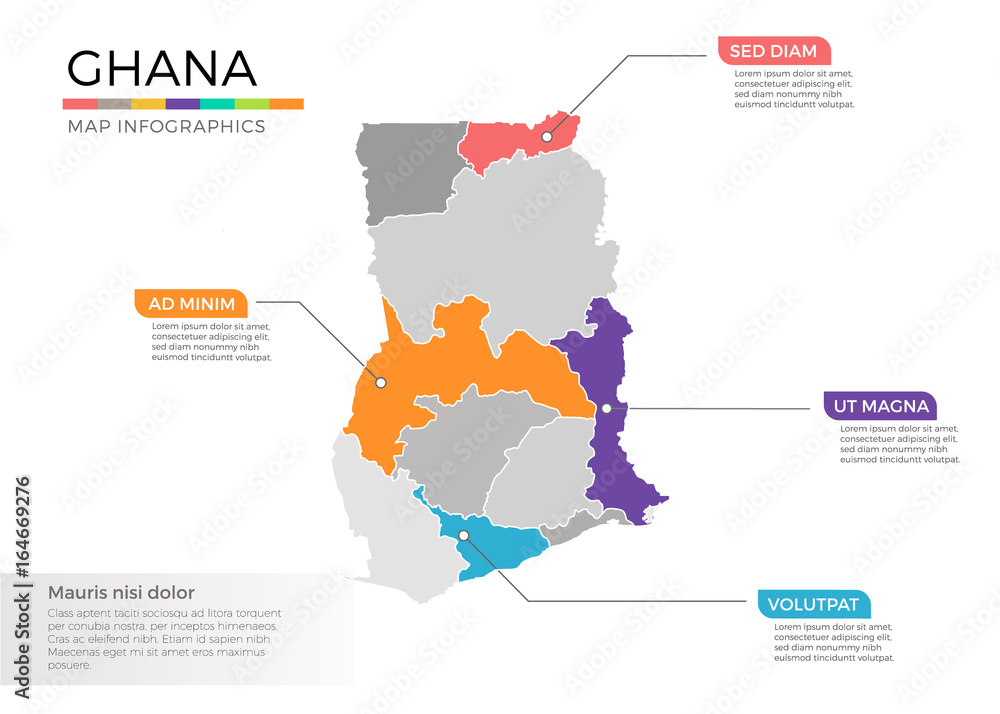 Ghana map infographics vector template with regions and pointer marks Ghana map infographics vector template with regions and pointer marks