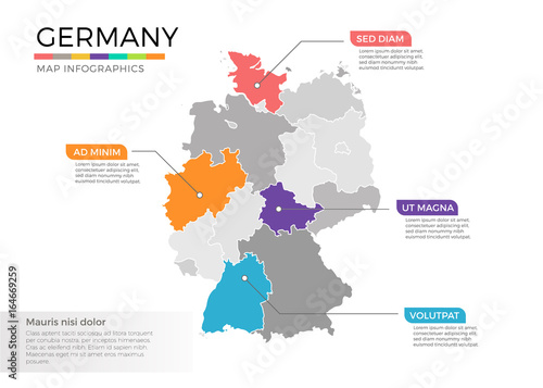 Germany map infographics vector template with regions and pointer marks
