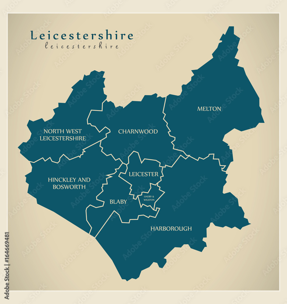 Naklejka premium Modern Map - Leicestershire county with detailed captions UK illustration