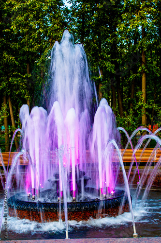Glowing colored fountain in the city Park, in the summer evening.