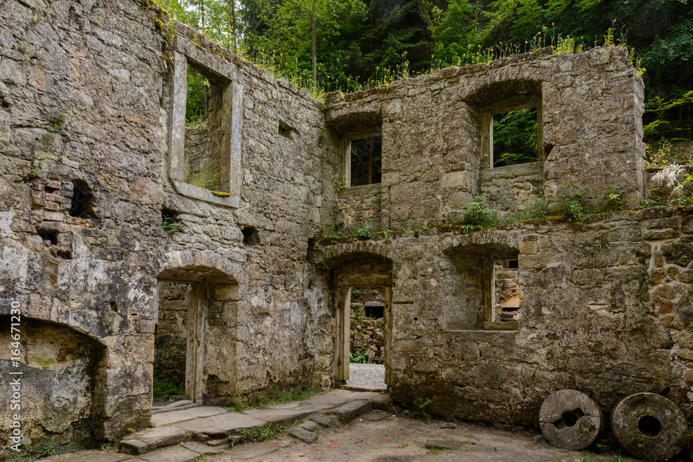 Interior medieval mill Dolsky Mlyn in the Bohemian Switzerland National Park, medieval ruins in eastern Europe