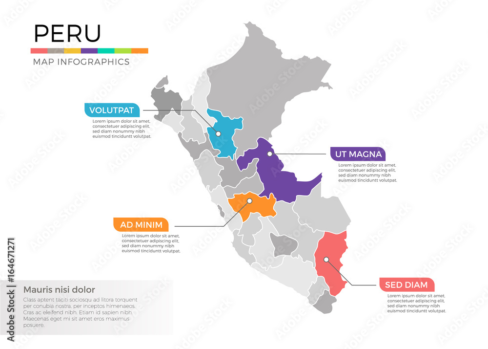 Peru map infographics vector template with regions and pointer marks
